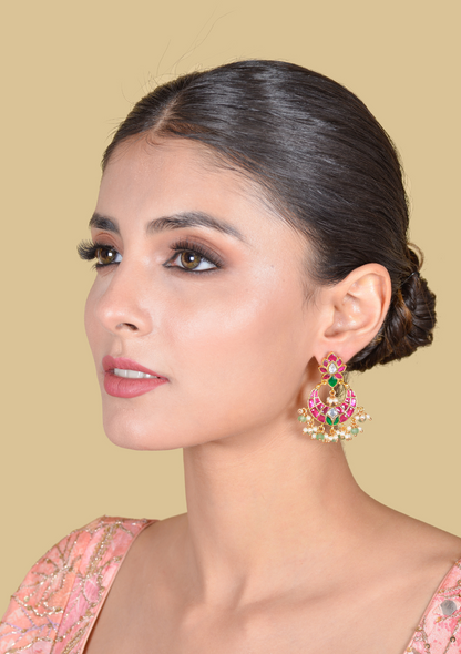Unique and Stylish Floral Pattern Jadau Kundan Chandbali Earrings With Pearl and Green Beads Hangings