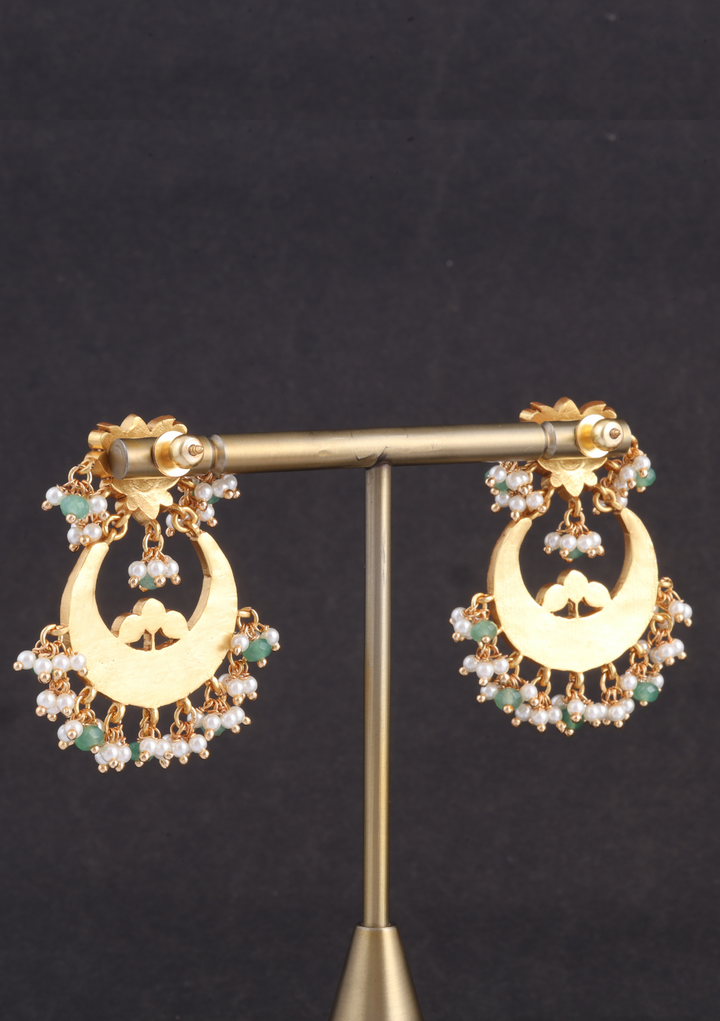 Ravishing Lotus Designer Jadau Kundan Chandbali Earrings with Pearl and Green Beads Hangings