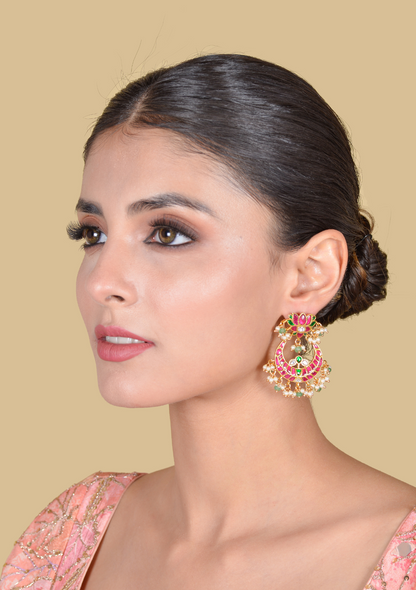 Ravishing Lotus Designer Jadau Kundan Chandbali Earrings with Pearl and Green Beads Hangings