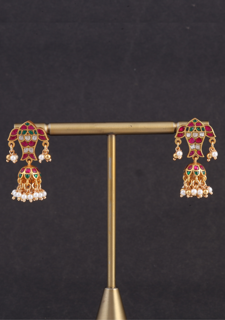 Fascinating Fish Motif Jadau Kundan Jhumka Earrings with Pearl Hangings