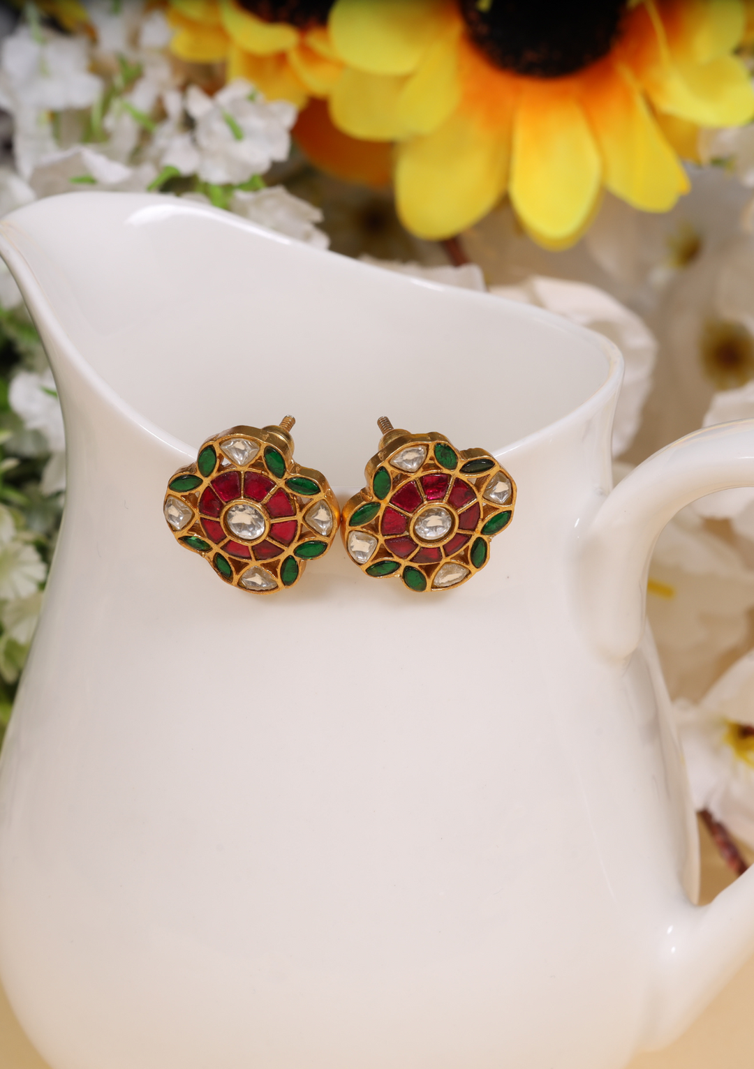 Charming Floral Motif Designer Jadau Kundan Stud Earrings