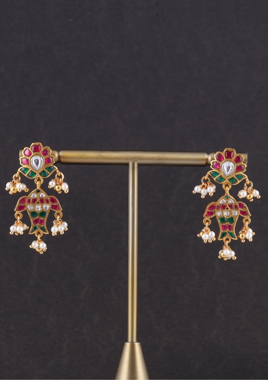 Classic Floral Fish Jadau Kundan Earrings with Pearl Hangings