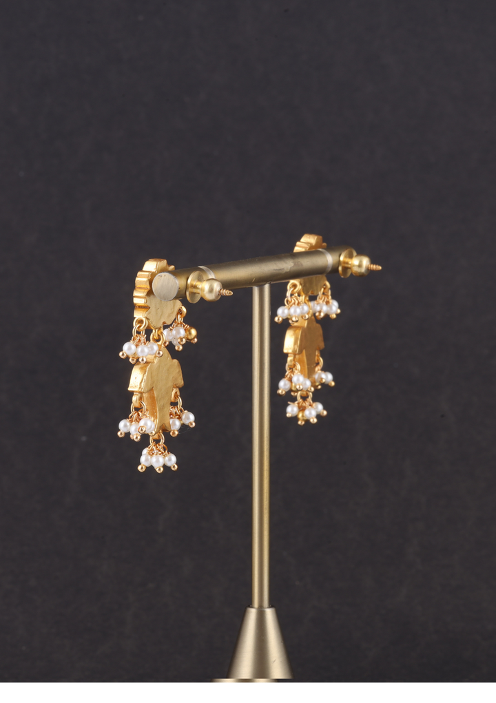 Classic Floral Fish Jadau Kundan Earrings with Pearl Hangings
