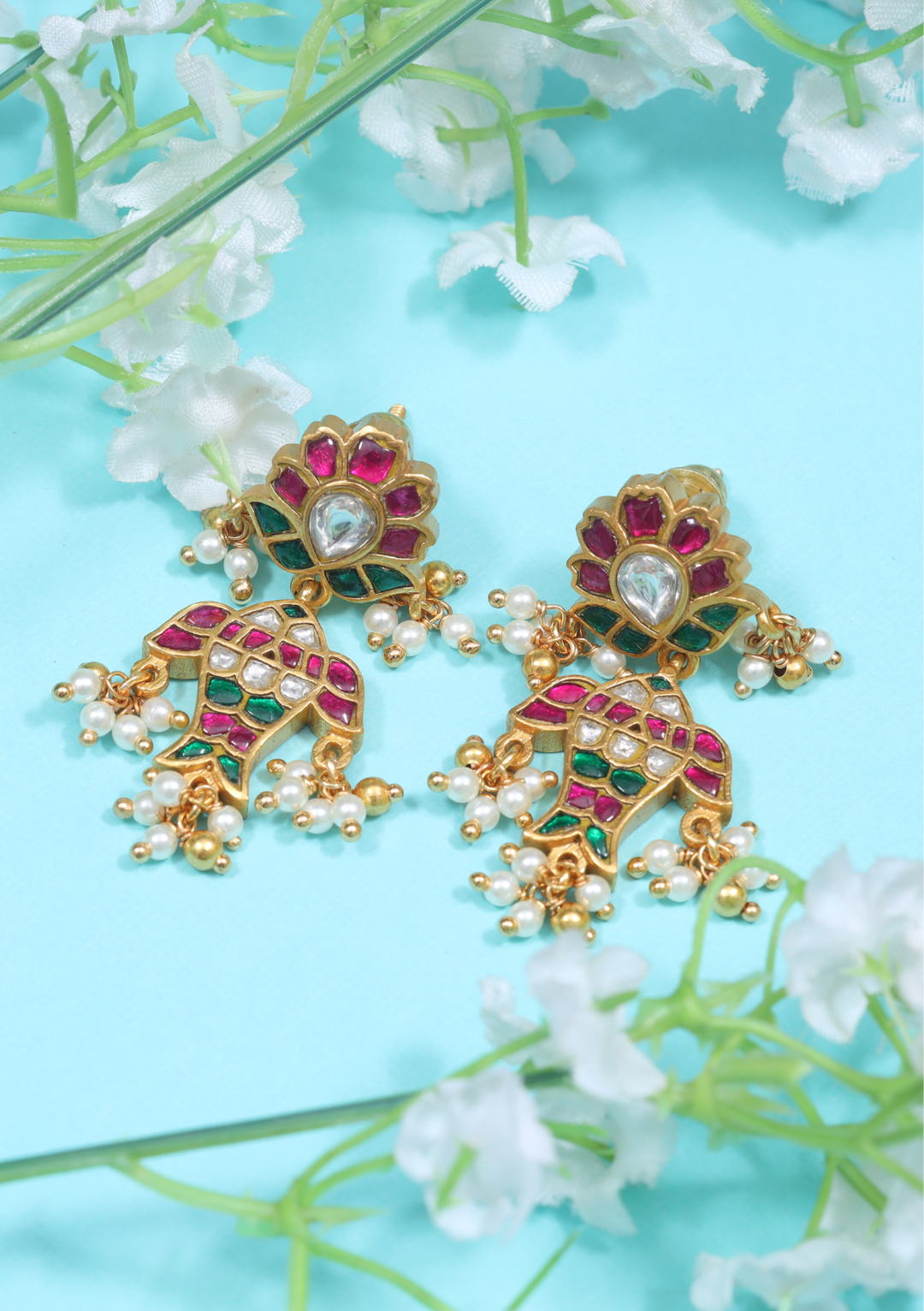 Classic Floral Fish Jadau Kundan Earrings with Pearl Hangings