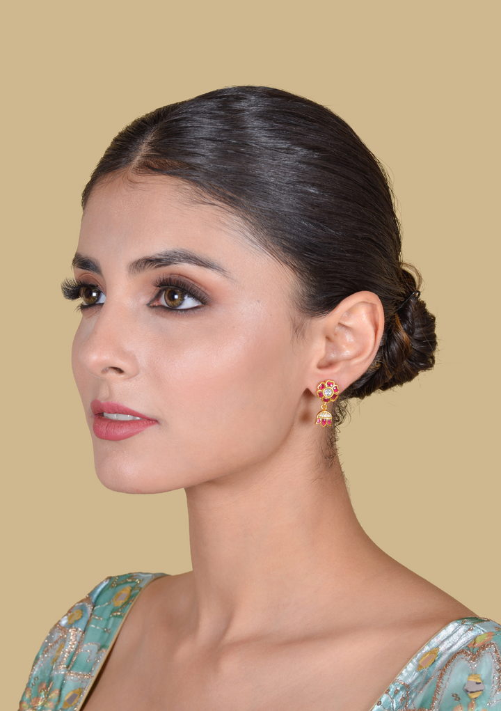 Cute Little Ruby Jadau Kundan Stud Earrings