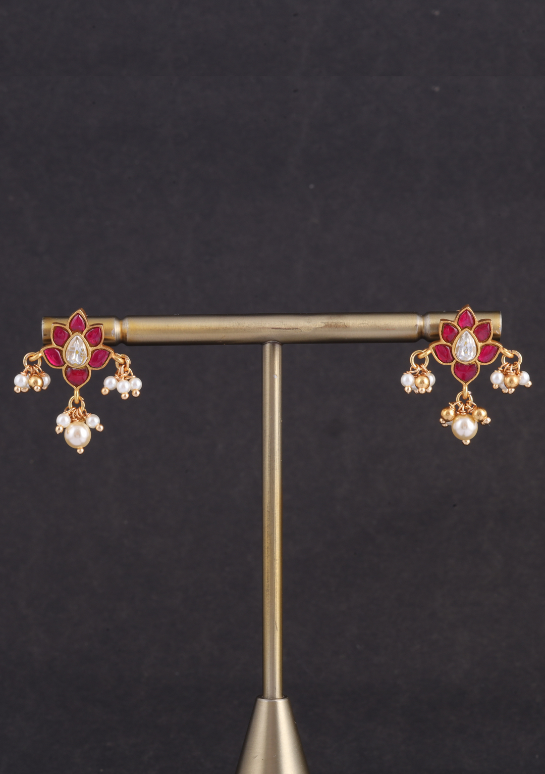 Floral Motif Little Jadau Kundan Stud Earrings with Pearl beads Hangings