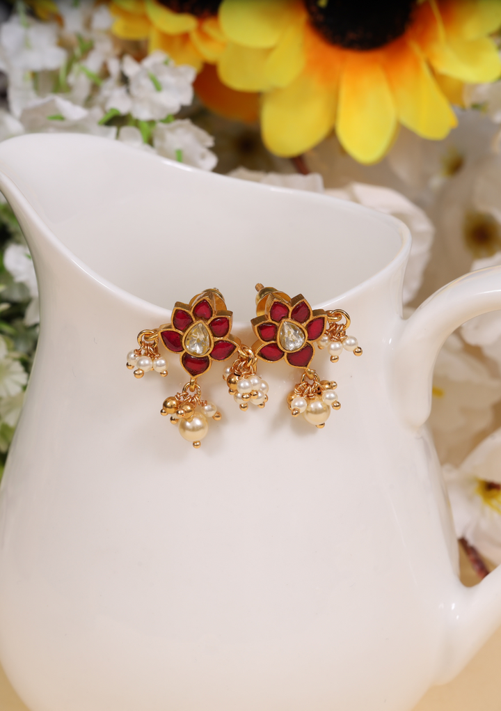 Floral Motif Little Jadau Kundan Stud Earrings with Pearl beads Hangings