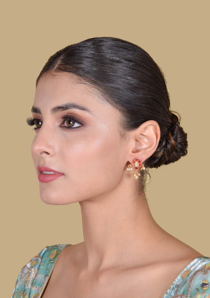 Floral Motif Little Jadau Kundan Stud Earrings with Pearl beads Hangings