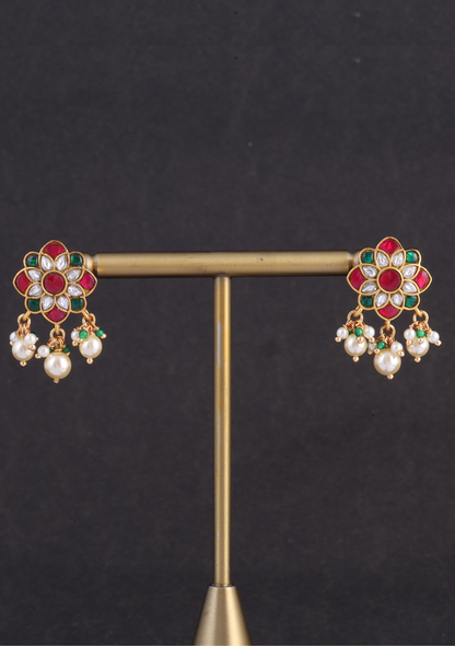 Elegant Floral Motif Designer Jadau Kundan Stud Earrings with Pearl Beads Hangings
