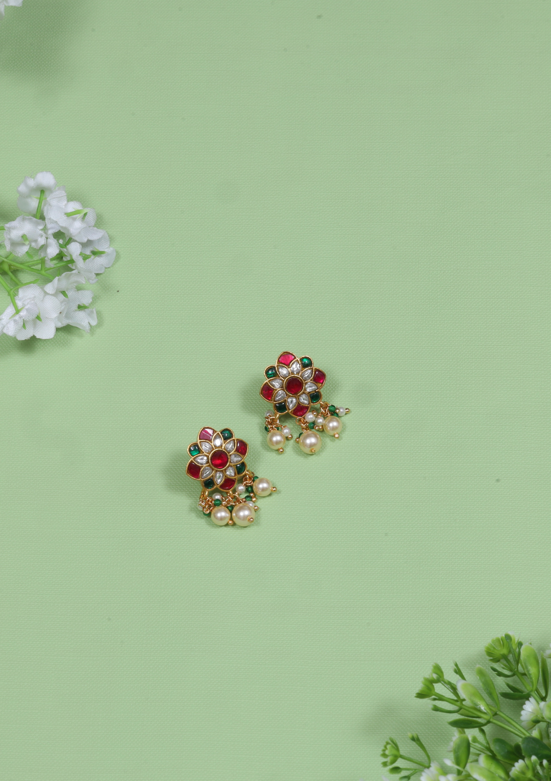Elegant Floral Motif Designer Jadau Kundan Stud Earrings with Pearl Beads Hangings