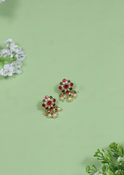 Elegant Floral Motif Designer Jadau Kundan Stud Earrings with Pearl Beads Hangings