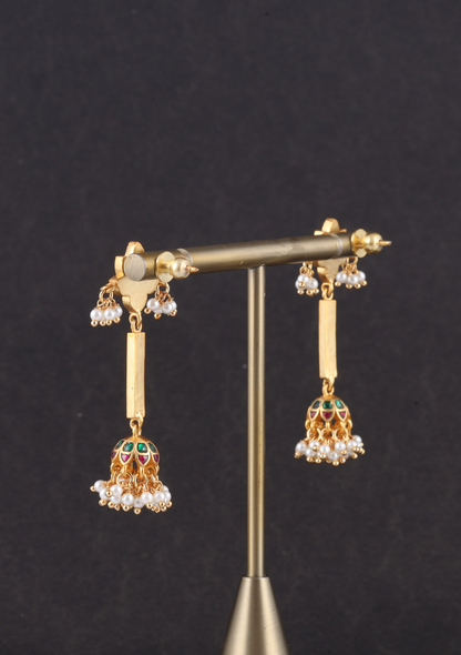Simple Classic Long Floral Jadau Kundan Jhumka Earrings with Pearls