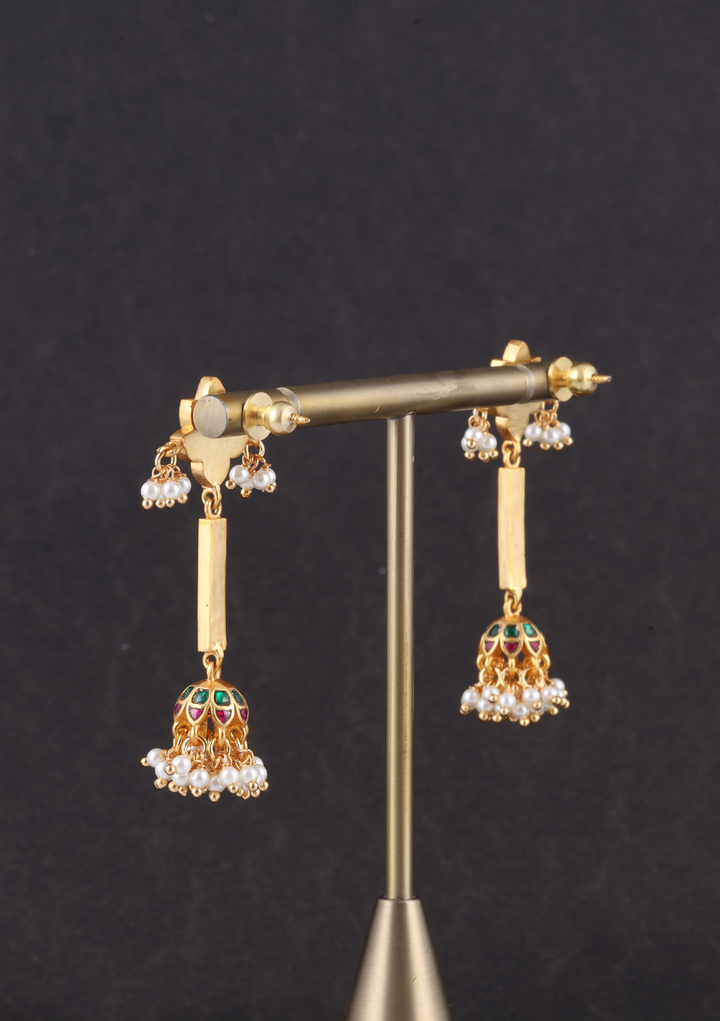 Simple Classic Long Floral Jadau Kundan Jhumka Earrings with Pearls