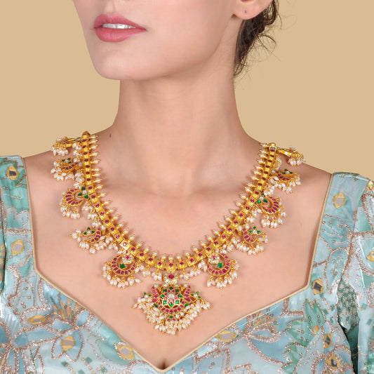 Royal Jadau Kundan Heavy Guttapusalu Necklace with Rice Pearls