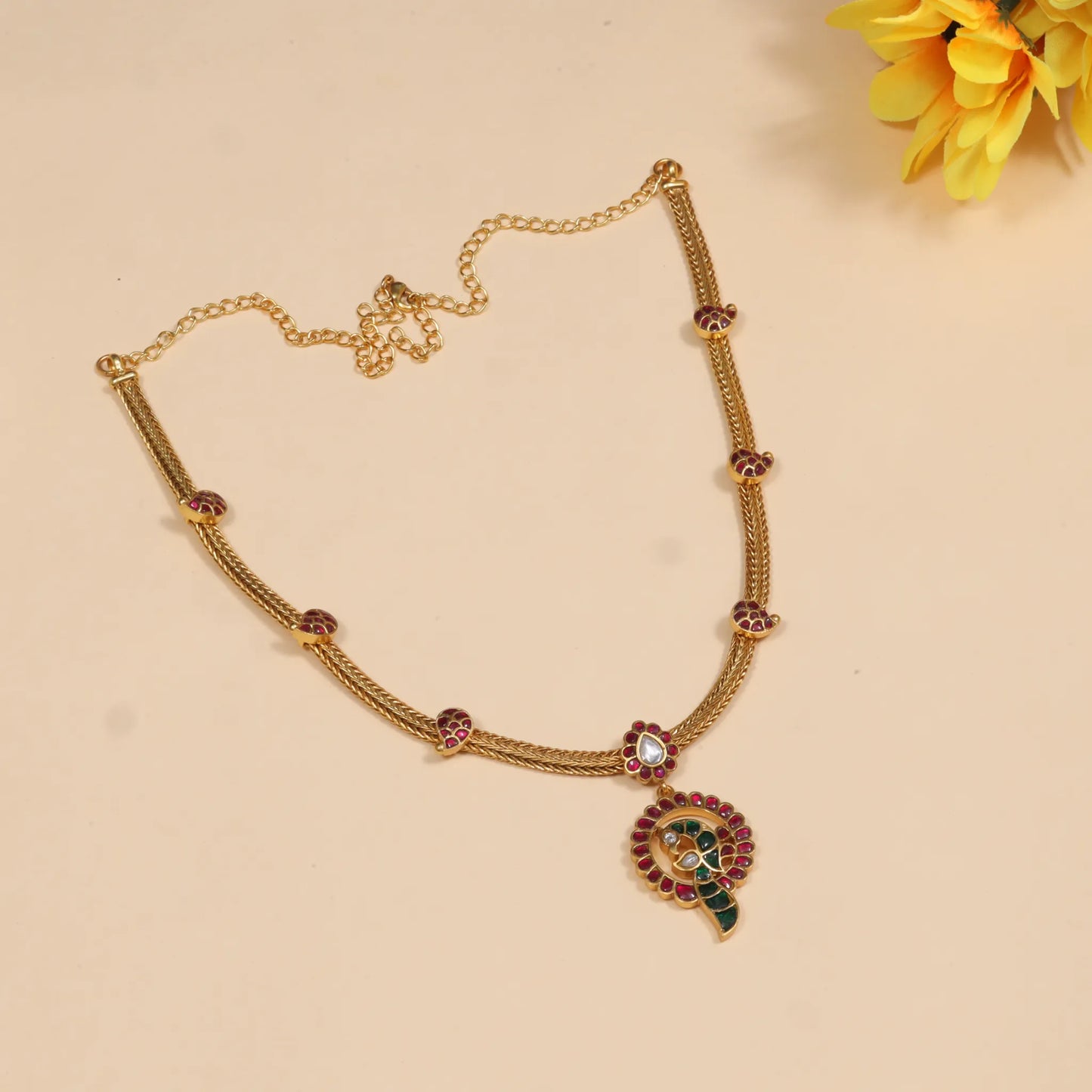 Delicate Peacock Jadau Kundan Short Necklace