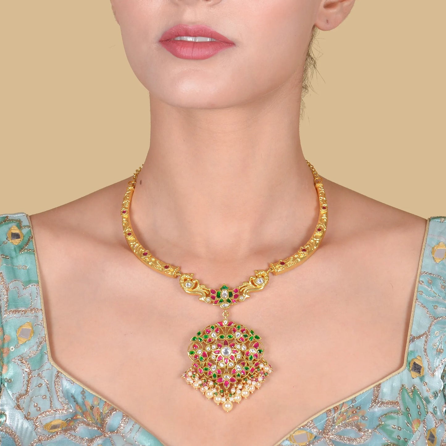 Delicate Jadau Kundan Designer Hasli Necklace