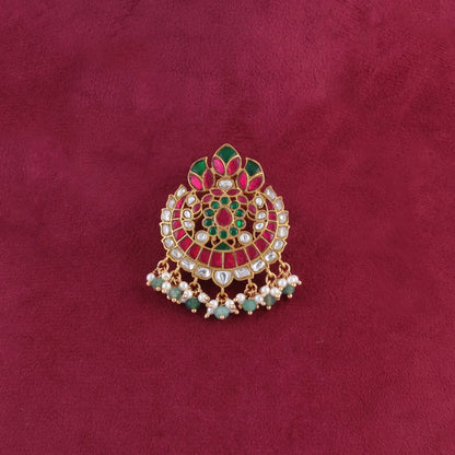 Beautiful Floral Motif Jadau Kundan Hair Pin With Pearl and Green Beads Hangings