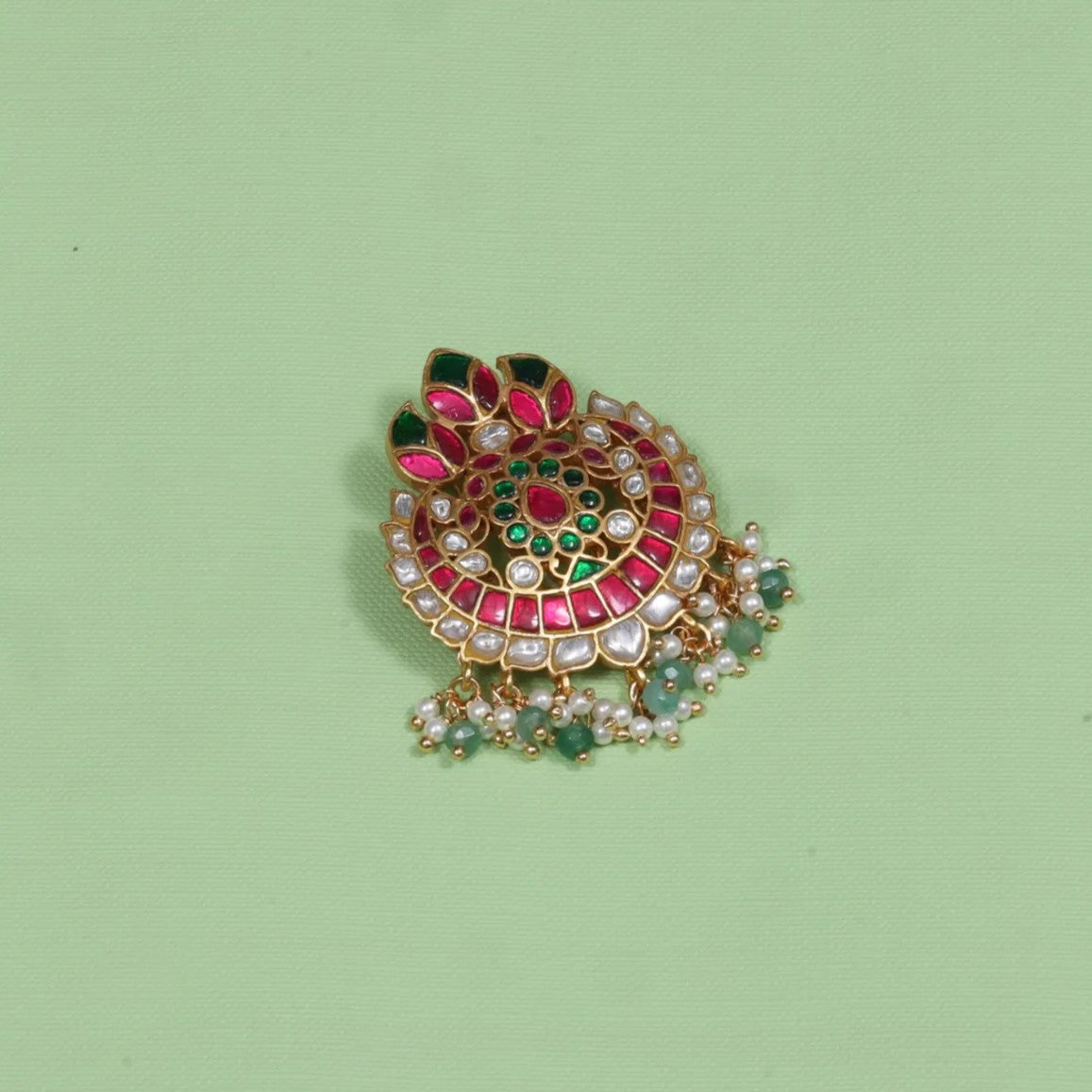 Beautiful Floral Motif Jadau Kundan Hair Pin With Pearl and Green Beads Hangings