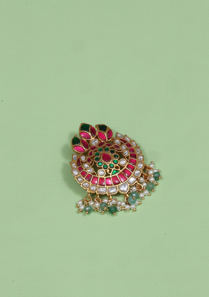 Beautiful Floral Motif Jadau Kundan Hair Pin With Pearl and Green Beads Hangings