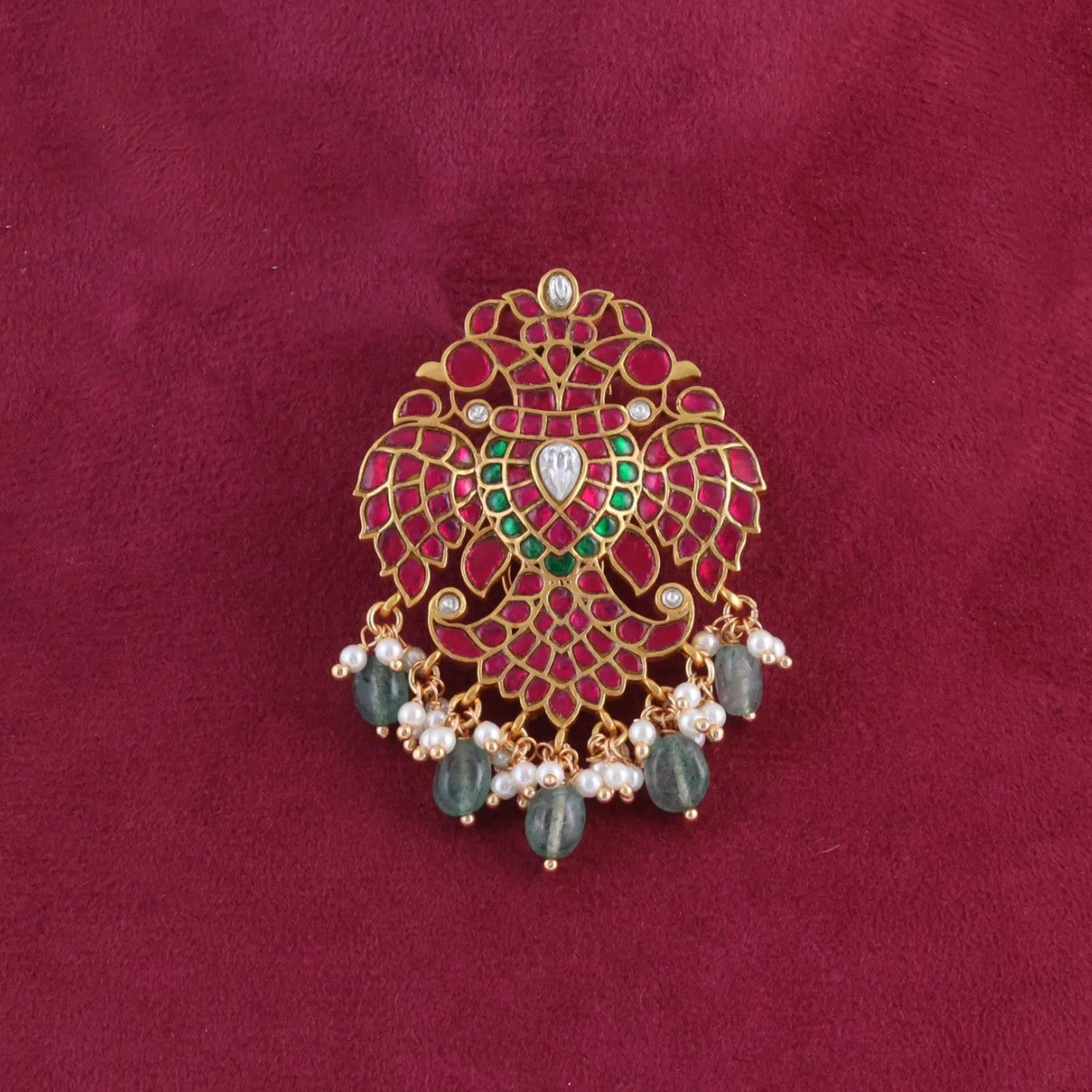 Elegant Designer Garuda Jadau Kundan Hair Pin with Pearl and Green Beads Hangings