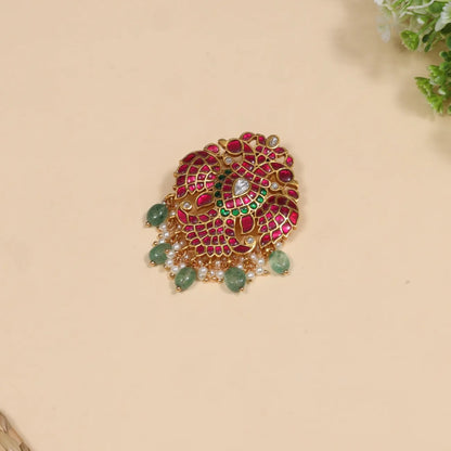 Elegant Designer Garuda Jadau Kundan Hair Pin with Pearl and Green Beads Hangings