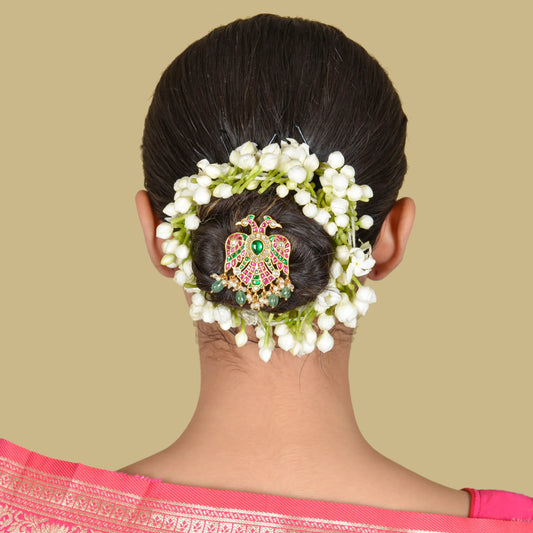 Double Head Garuda Designer Jadau Kundan Hair Pin With Pearl and Green Beads Hangings