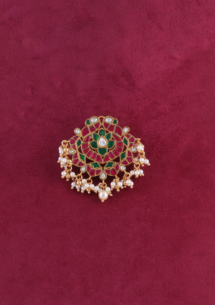 Designer Peacock Motif Jadau Kundan Hair Pin with Pearl Hangings