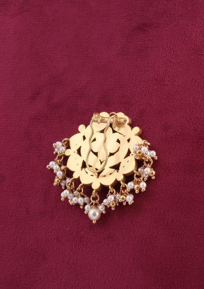 Designer Peacock Motif Jadau Kundan Hair Pin with Pearl Hangings