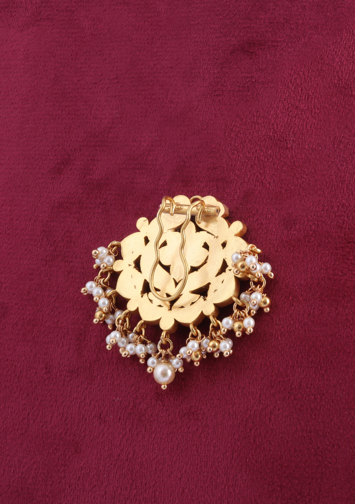 Designer Peacock Motif Jadau Kundan Hair Pin with Pearl Hangings