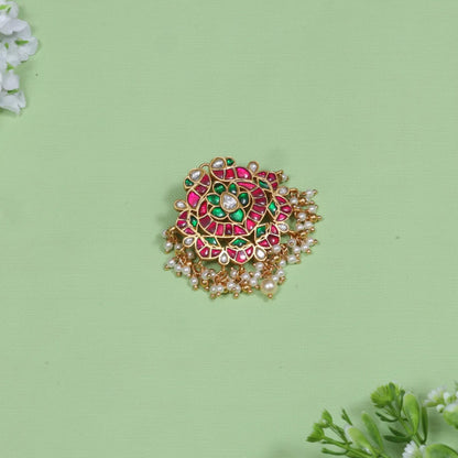 Designer Peacock Motif Jadau Kundan Hair Pin with Pearl Hangings