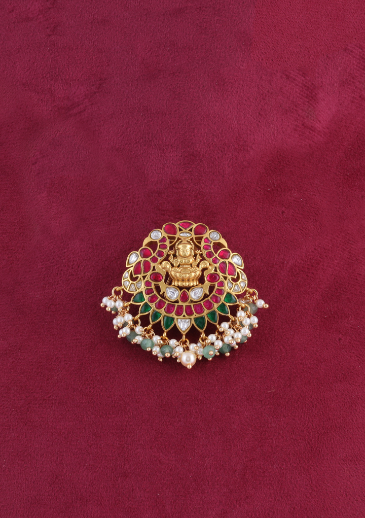 Beautiful Goddess Lakshmi Jadau Kundan Hair Pin with Pearl Hangings