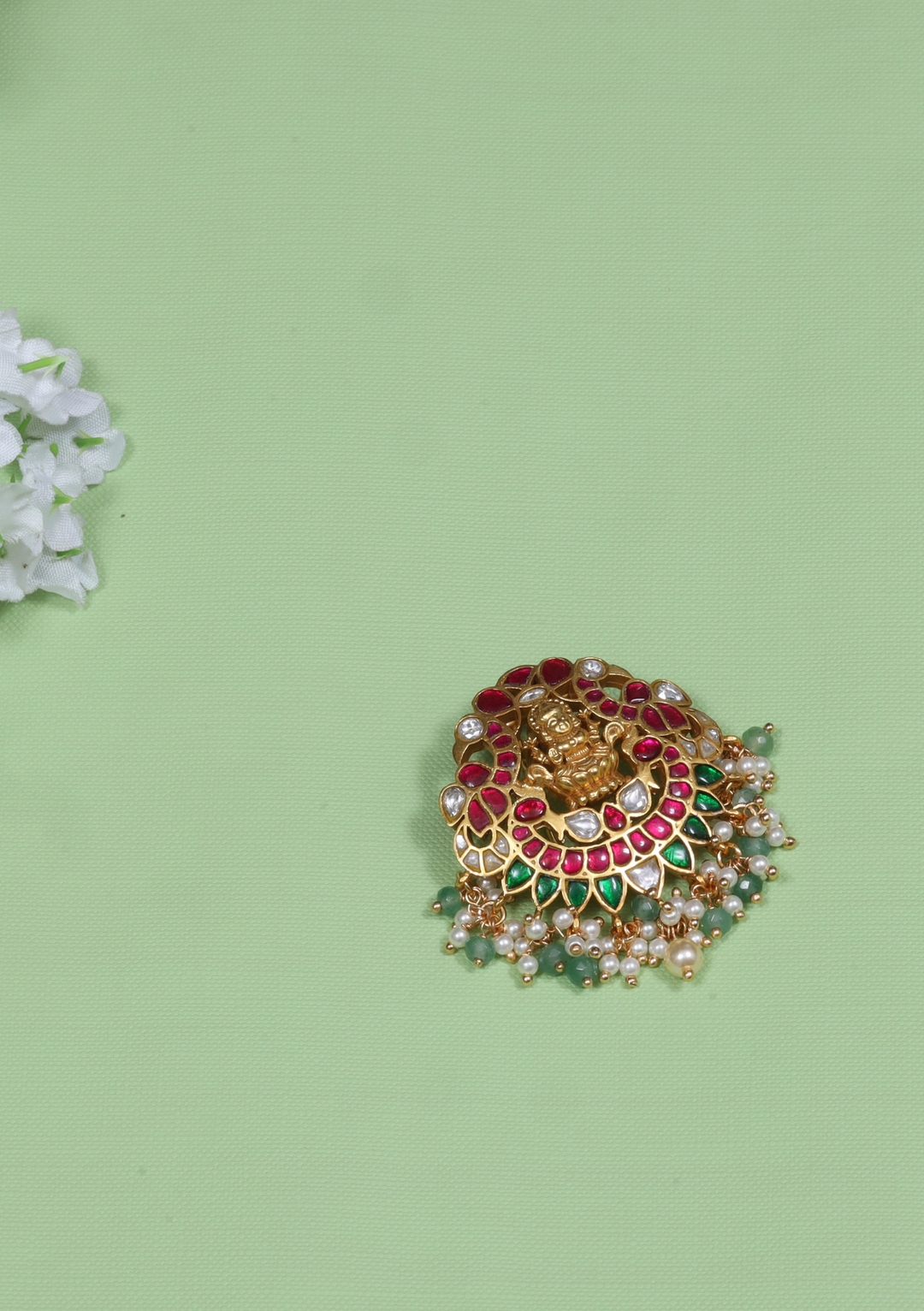 Beautiful Goddess Lakshmi Jadau Kundan Hair Pin with Pearl Hangings