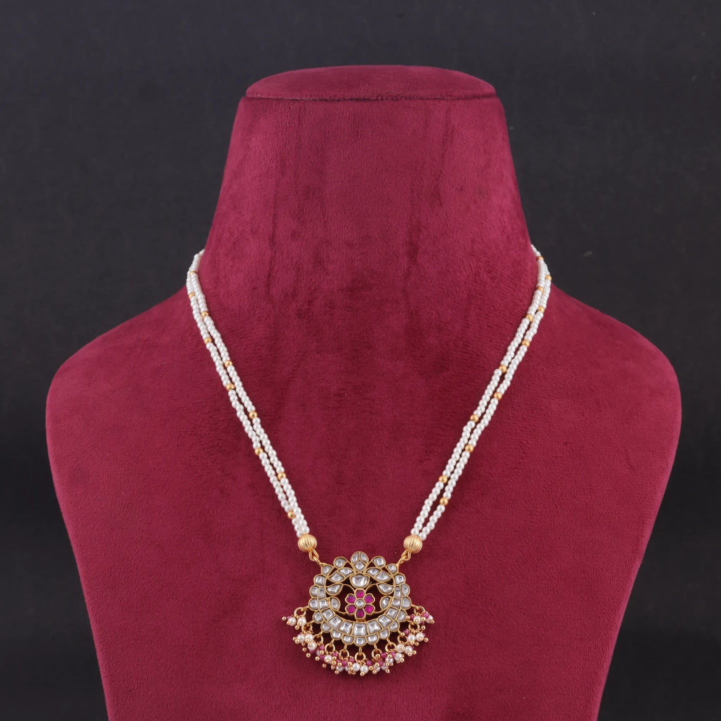 Ornate Jadau Kundan Necklace with Double Pearl Chain