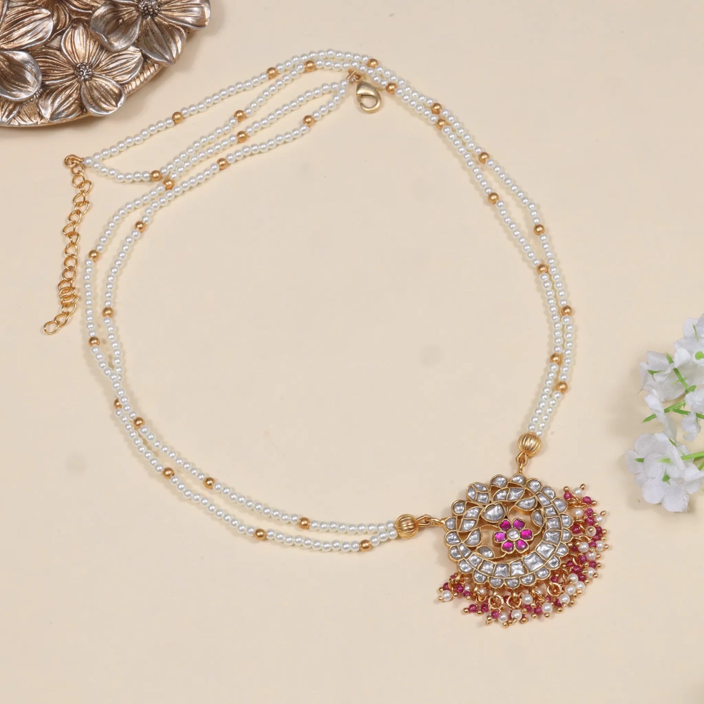 Ornate Jadau Kundan Necklace with Double Pearl Chain