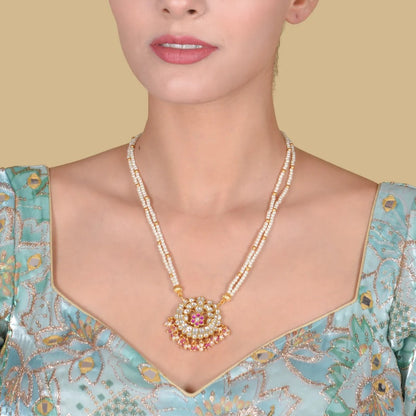 Ornate Jadau Kundan Necklace with Double Pearl Chain