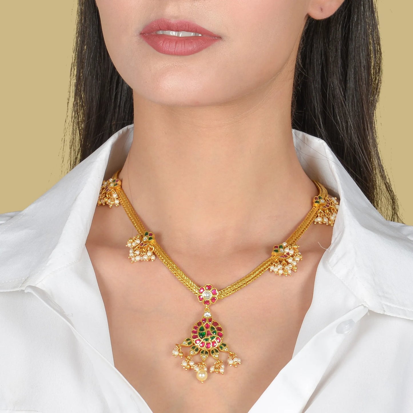 Beautiful Simple Designer Jadau Kundan Short Necklace with Pearls Hangings