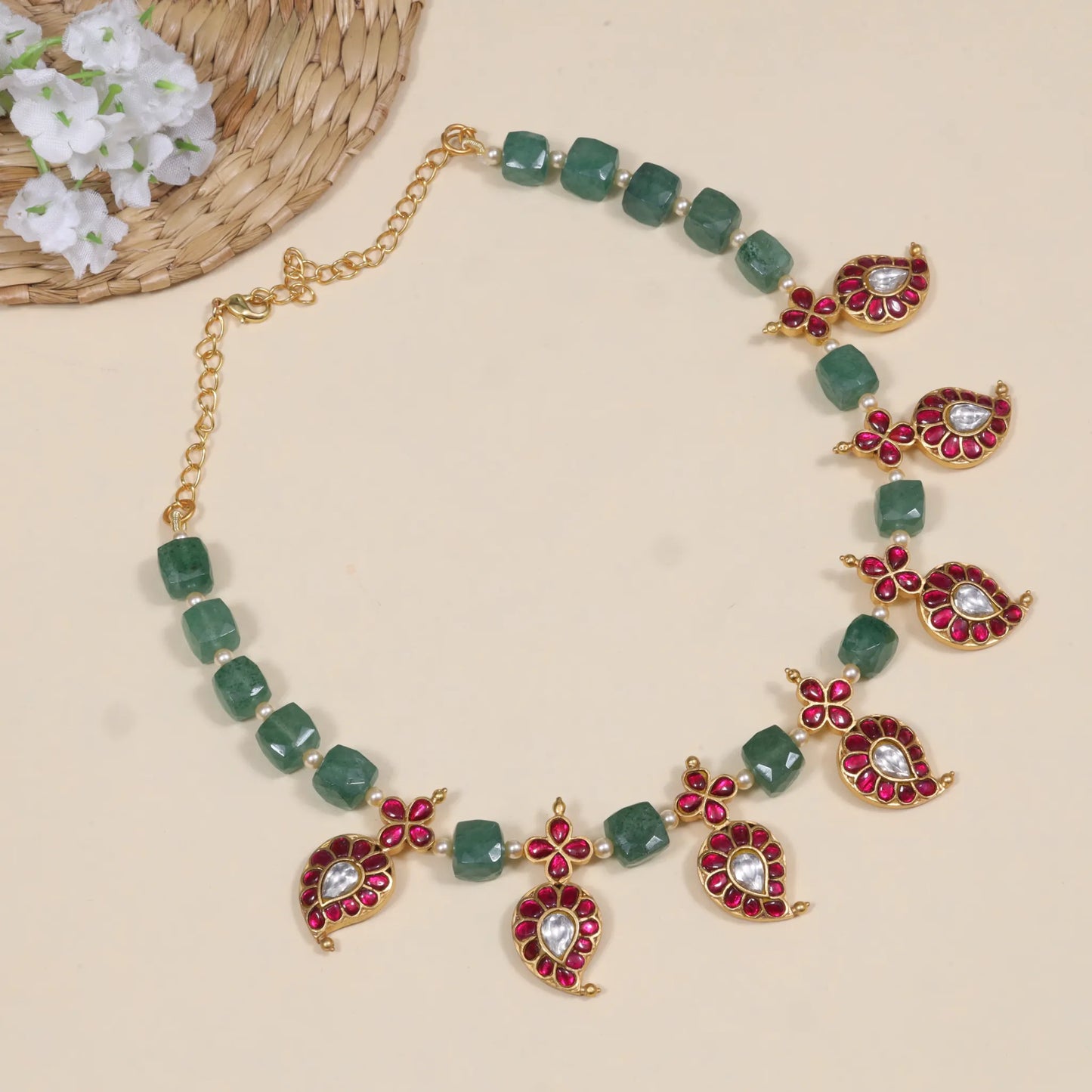 Classic Mango Jadau Kundan Short Necklace with Green Emerald Beads