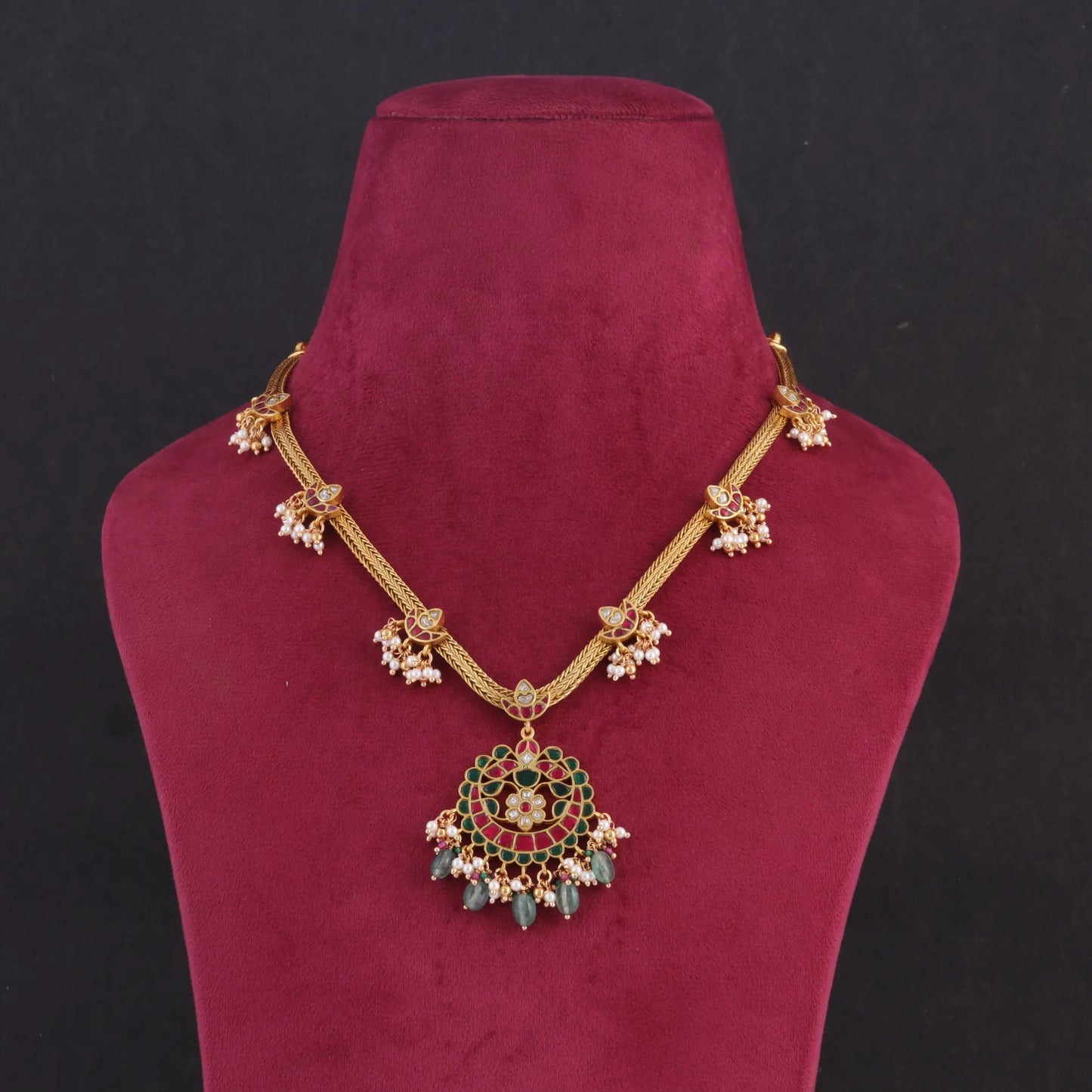 Exquisite Jadau Kundan Short Necklace with Green Emerald Hangings