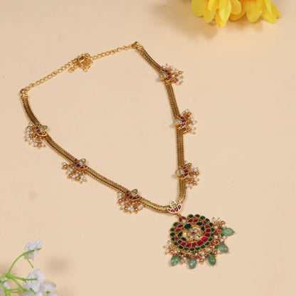 Exquisite Jadau Kundan Short Necklace with Green Emerald Hangings