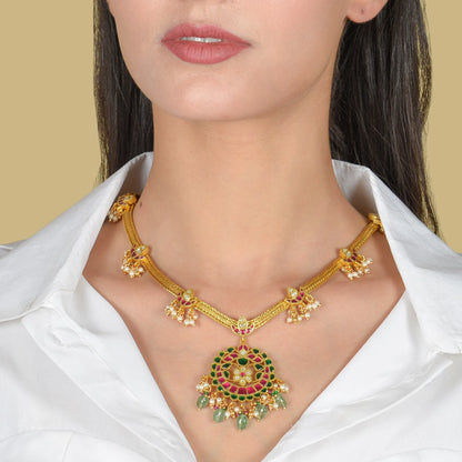 Exquisite Jadau Kundan Short Necklace with Green Emerald Hangings