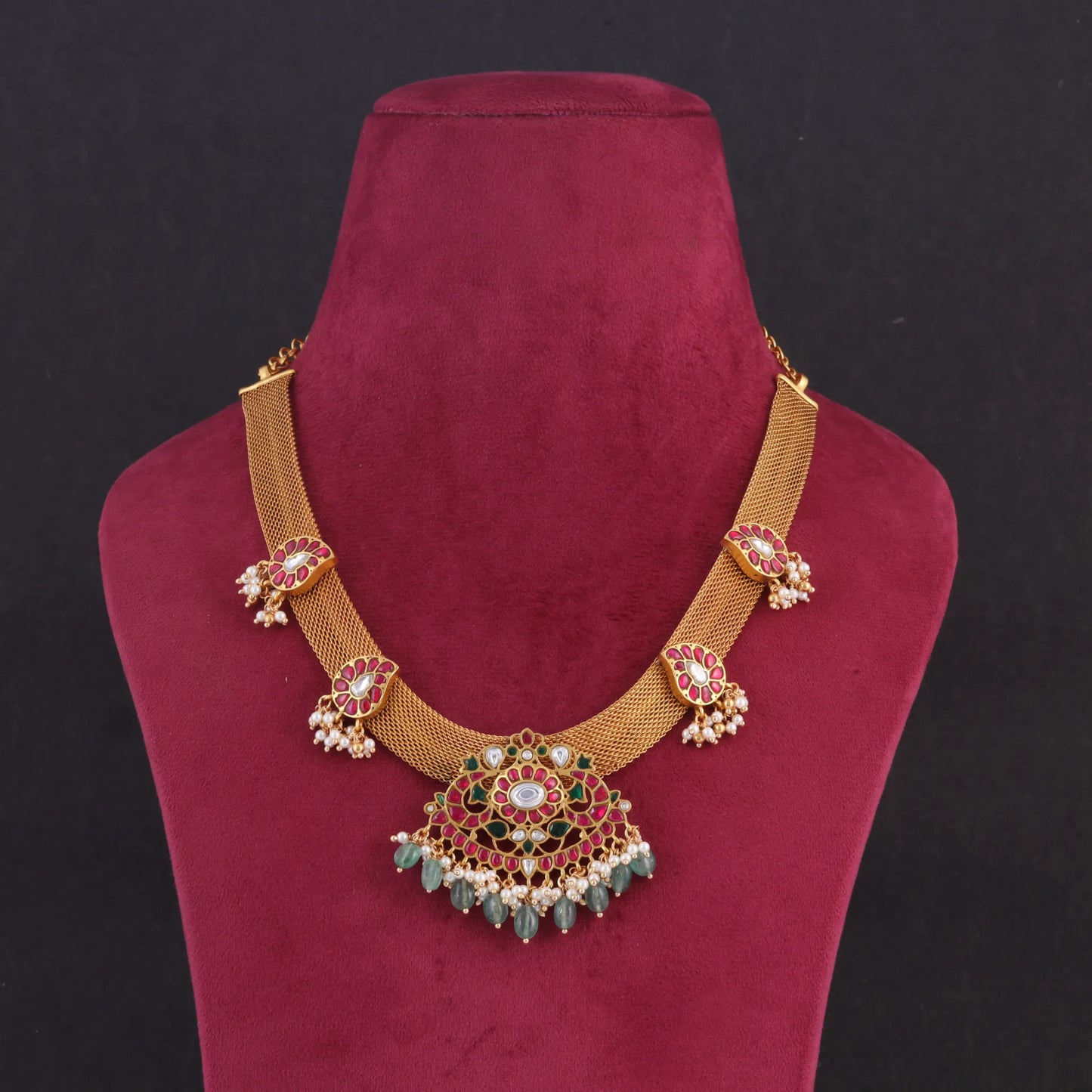 Stylish Beautiful Designer Jadau Kundan Necklace with Green Emerald Hangings