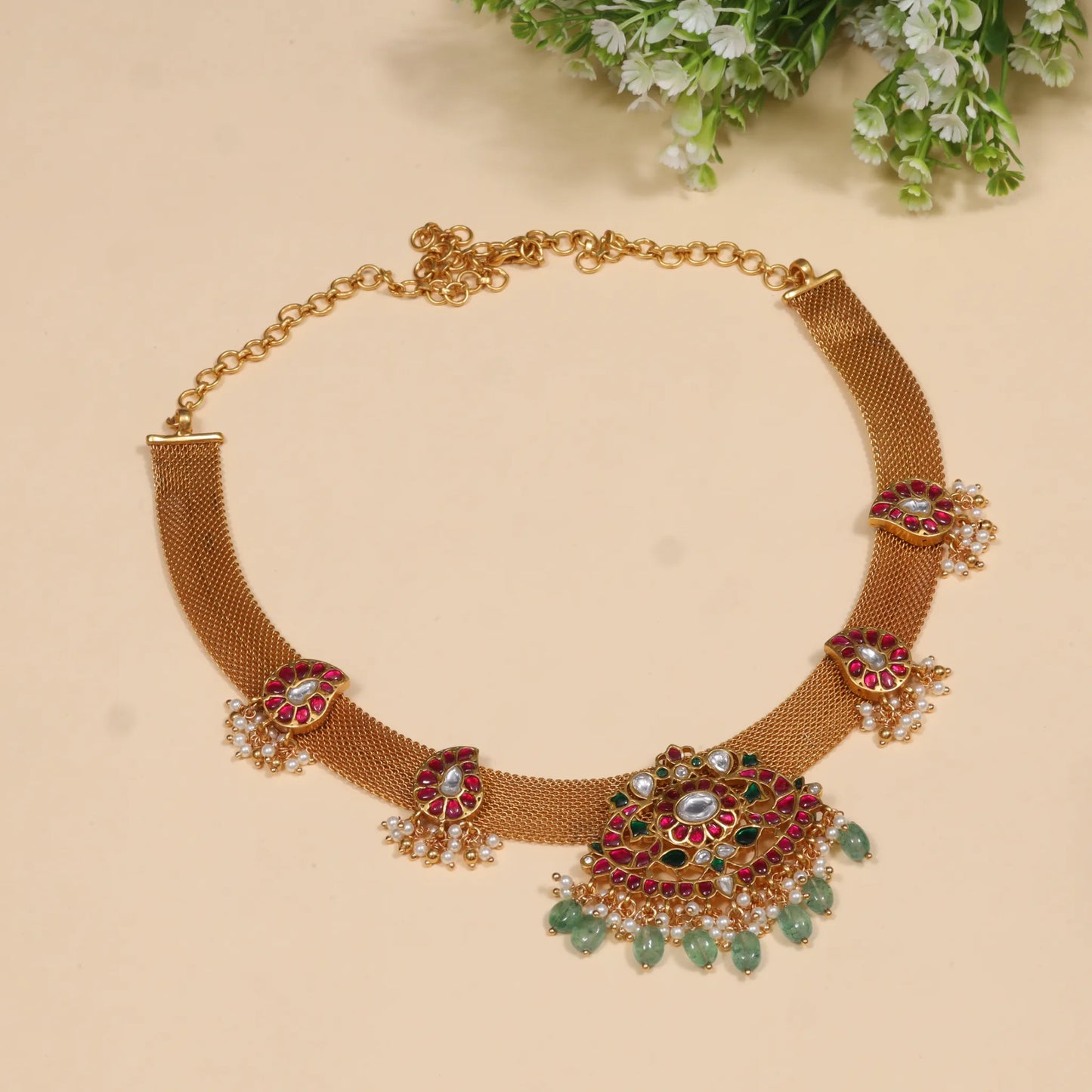 Stylish Beautiful Designer Jadau Kundan Necklace with Green Emerald Hangings