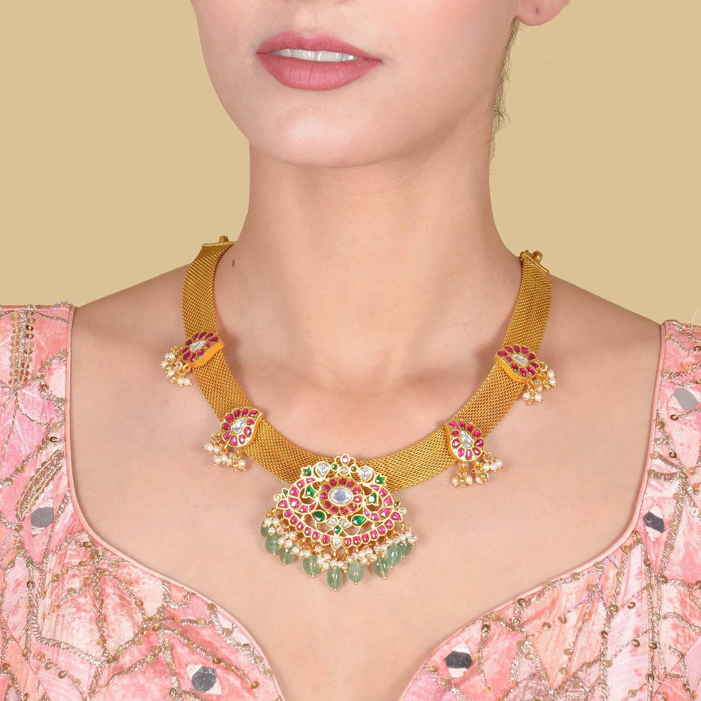 Stylish Beautiful Designer Jadau Kundan Necklace with Green Emerald Hangings