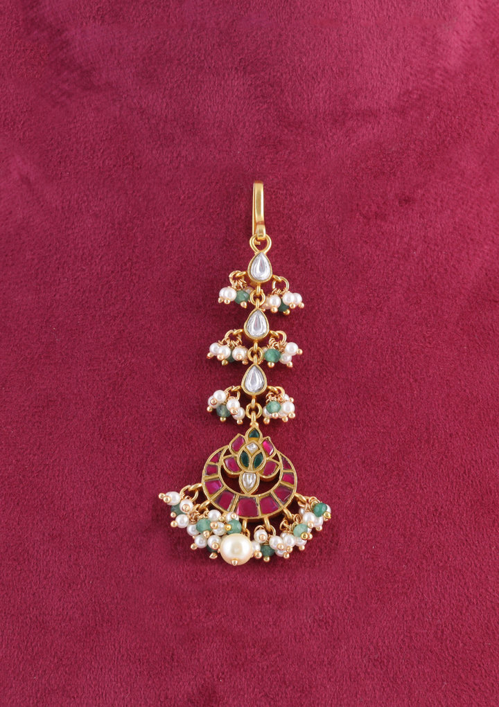 Regal Designer Jadau Kundan Maangtikka With Pearl and Green Beads Hangings