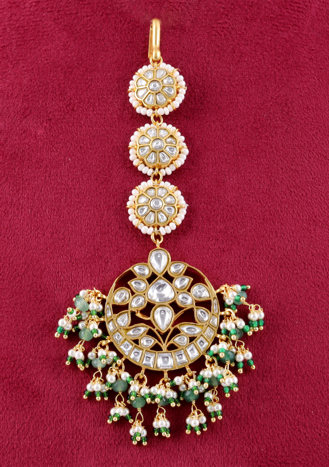 Bhavisha White Designer Maangtikka with Green Hangings