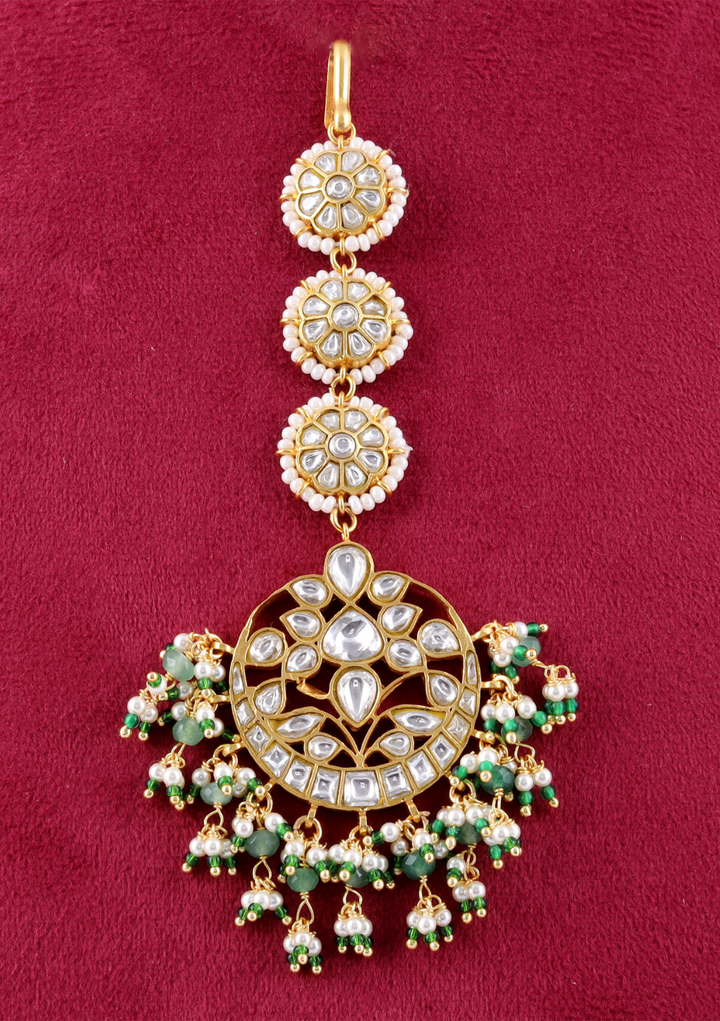 Bhavisha White Designer Maangtikka with Green Hangings