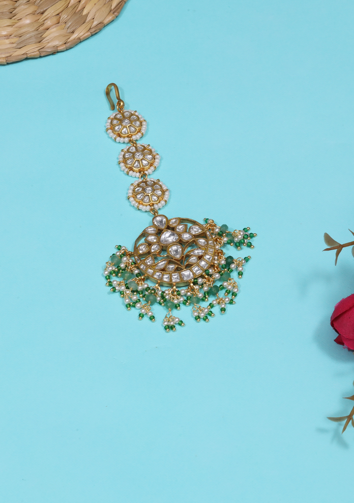Bhavisha White Designer Maangtikka with Green Hangings