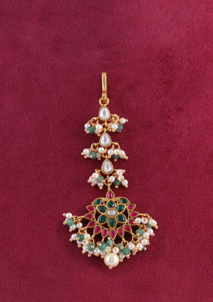 Pretty Designer Jadau Kundan Maangtikka With Pearls and Green Beads Hangings