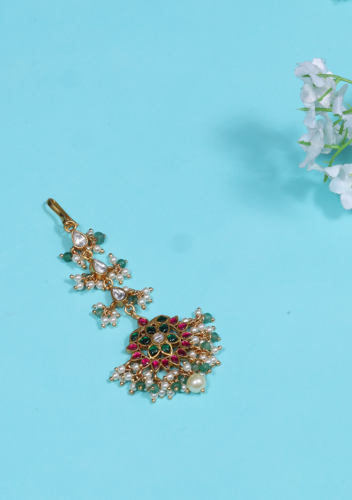 Pretty Designer Jadau Kundan Maangtikka With Pearls and Green Beads Hangings