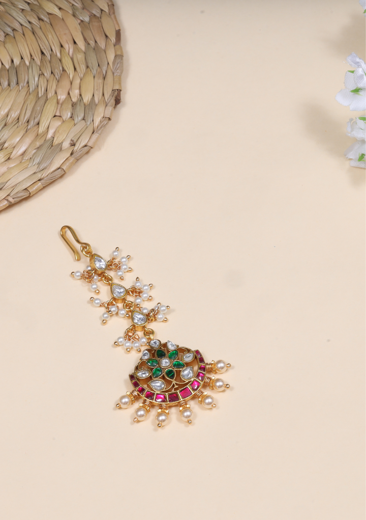 Alluring Designer Jadau Kundan Maangtikka With Pearls Beads Hangings